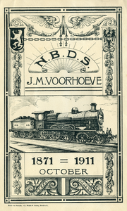 825811 Afbeelding van een biljet ter ere van het 30-jarig jubileum in oktober 1911 van J.M. Voorhoeve bij de ...